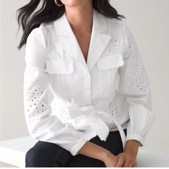 White House Black Market Tops - White House Black Market Tie-Waist Embroidered Poplin Shirt Size L